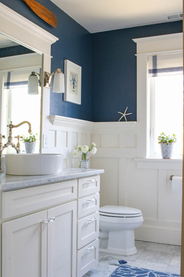 White, marble and blue cottage bathroom_ - Saw Nail and Paint