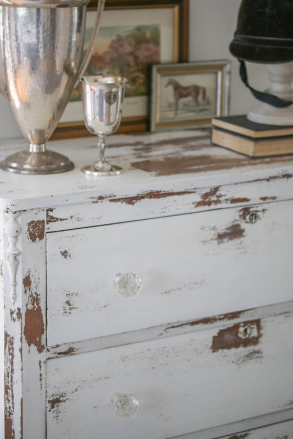 Chippy White Farmhouse Dresser With Glass Knobs And Trophy Cups