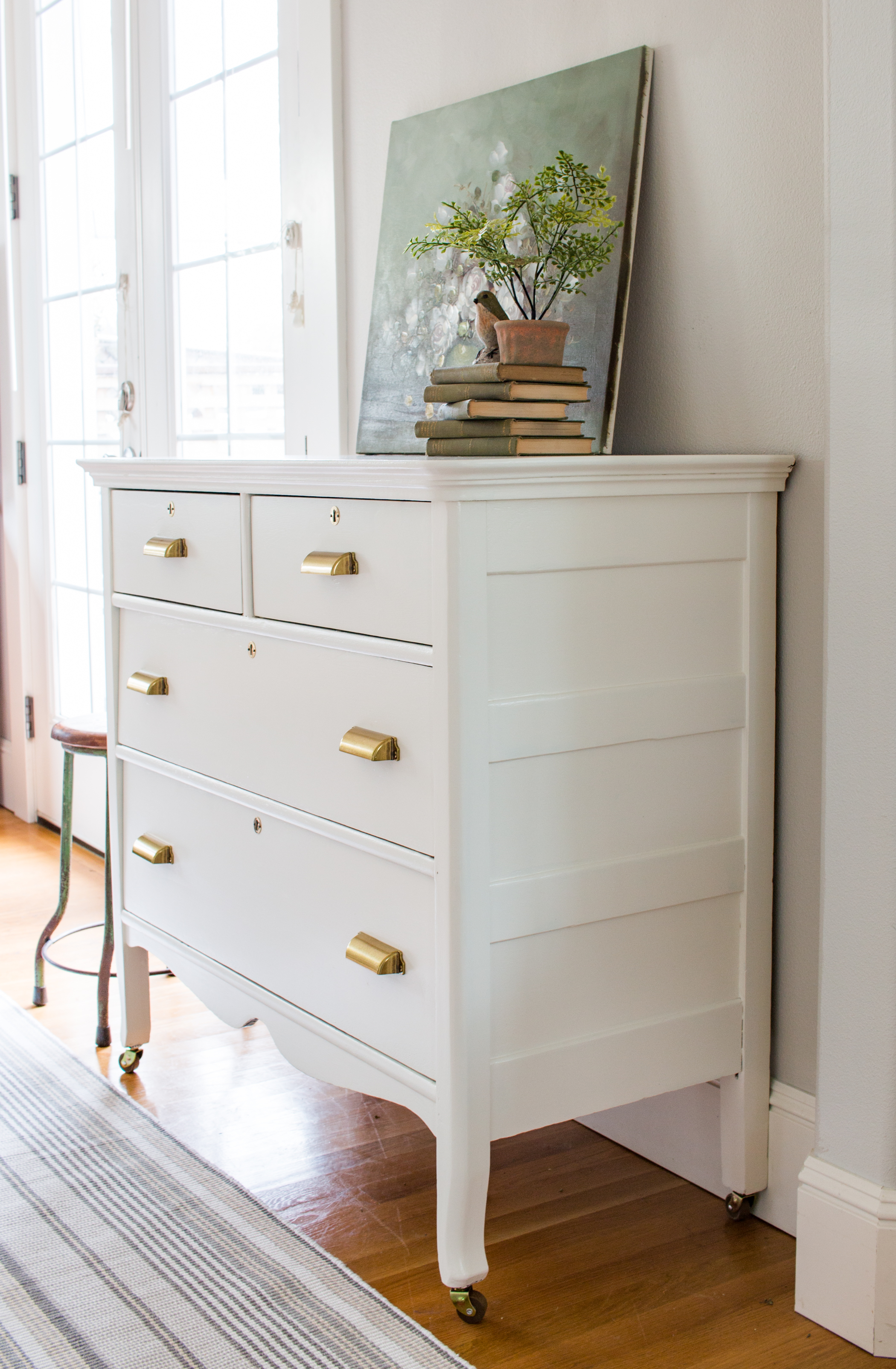 White Antique Dresser With Brass Bin Pulls Side Saw Nail And Paint