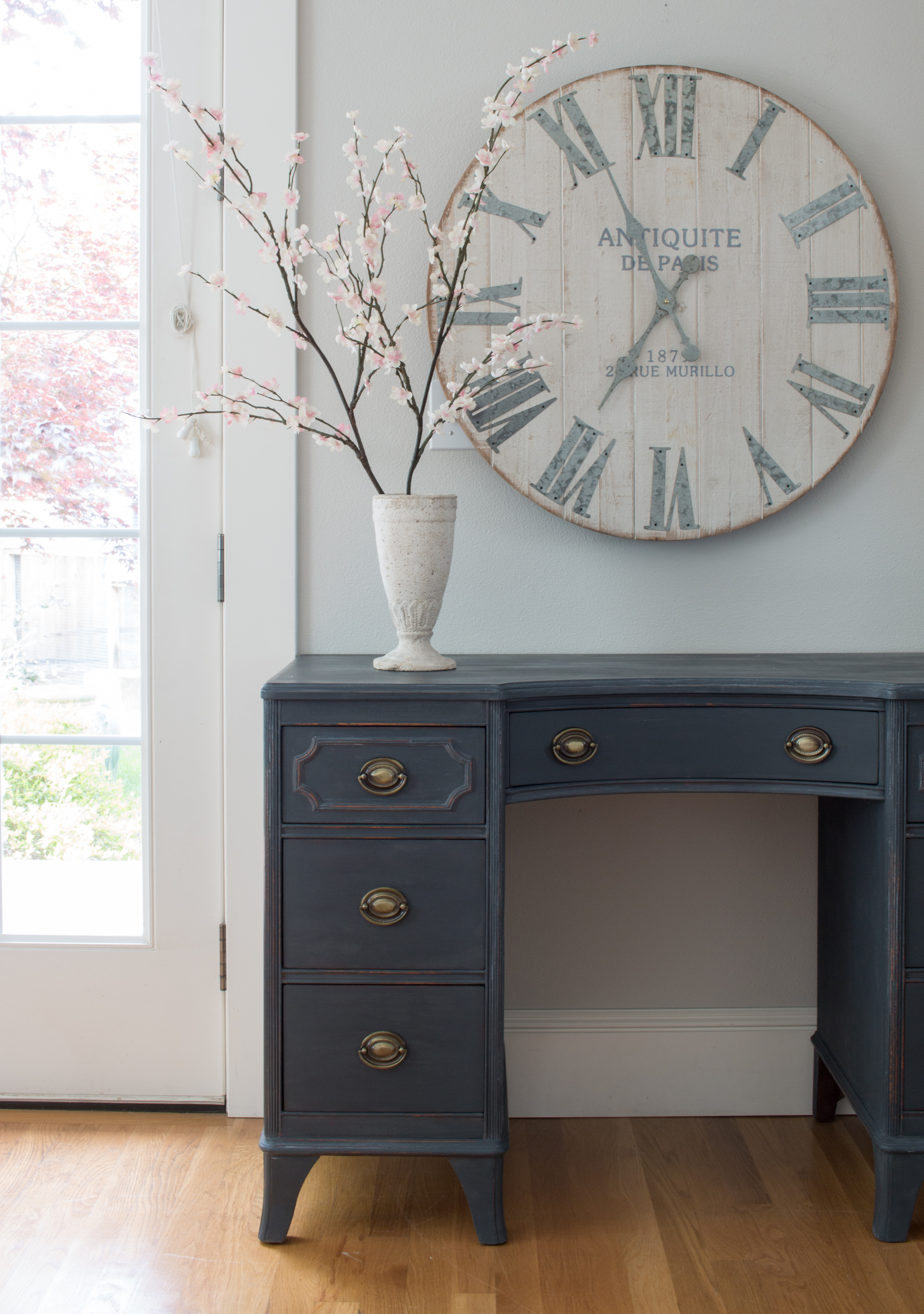Vintage Desk Makeover With Pier One Clock Saw Nail And Paint